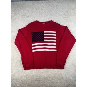 SML Sport Vintage American Flag Sweater Red Cotton Knit Crewneck Large USA